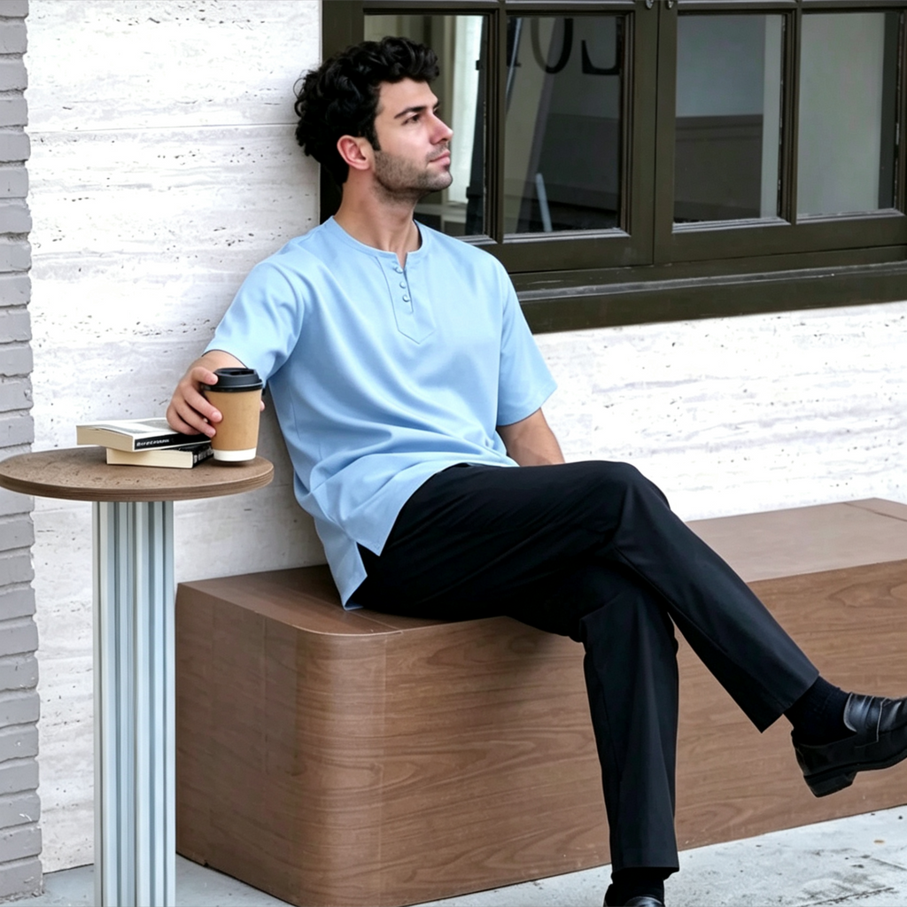 Premium Light Blue Henley Kurta - Ironless Modest Top for Men