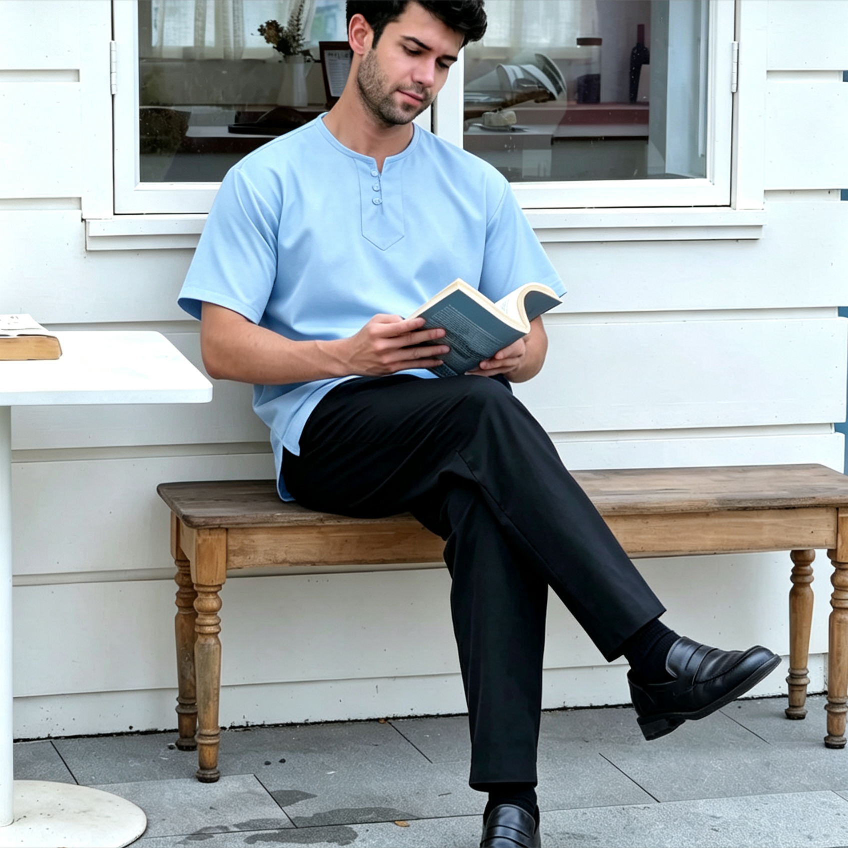 Premium Light Blue Henley Kurta - Ironless Modest Top for Men