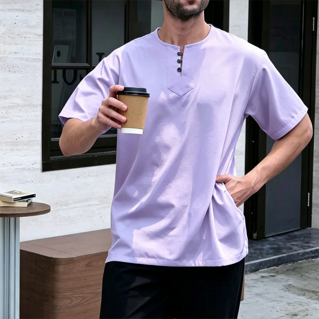 3-Button Short Sleeve Kurta - Light Purple