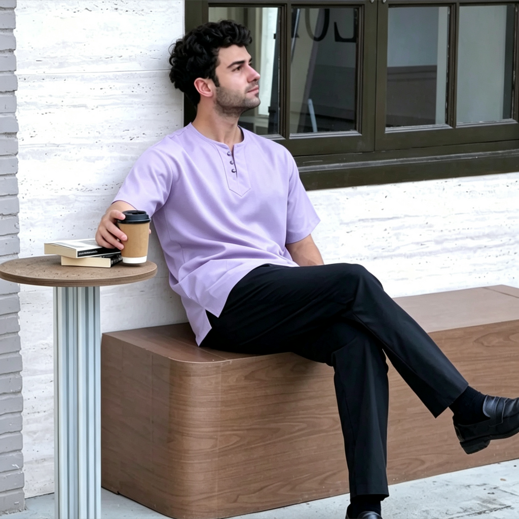 3-Button Short Sleeve Kurta - Light Purple