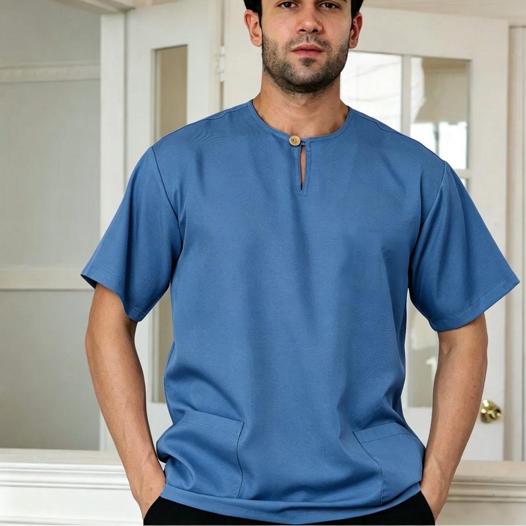 Premium One-Button Kurta | Ironless Abloh Crepe - Sophisticated Blue for Everyday Style