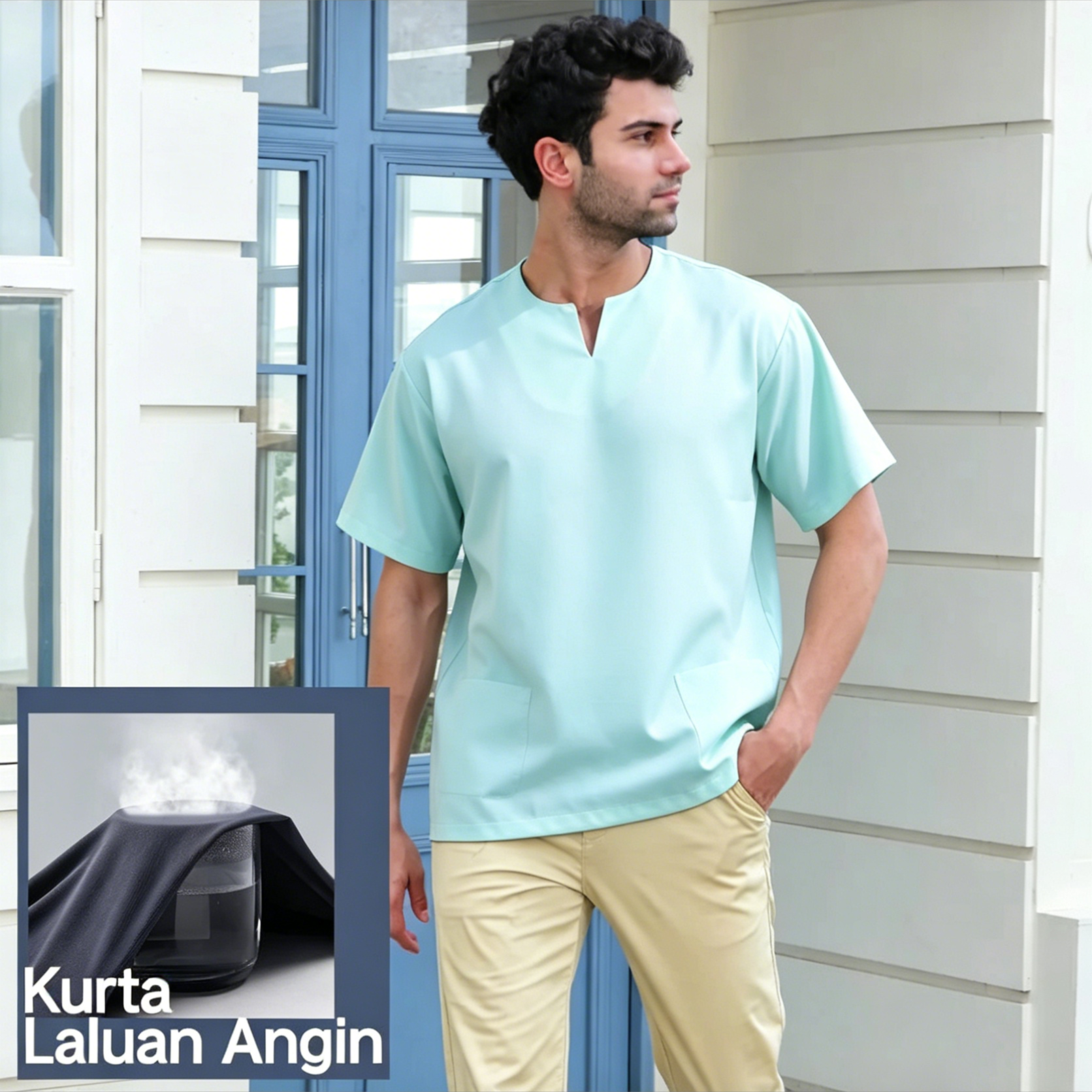 Breathable Short Sleeve Kurta - Mossgreen Ultra-Cooling Men's Prayer Wear