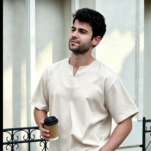 Breathable Short Sleeve Kurta - Khaki Ultra-Cooling Men's Prayer Wear